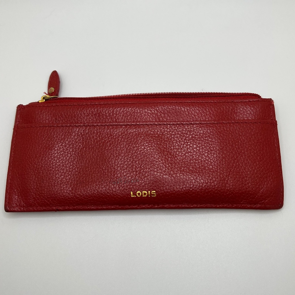 Authentic Lodis Red Leather Credit Card Wallet with Gold Hardware